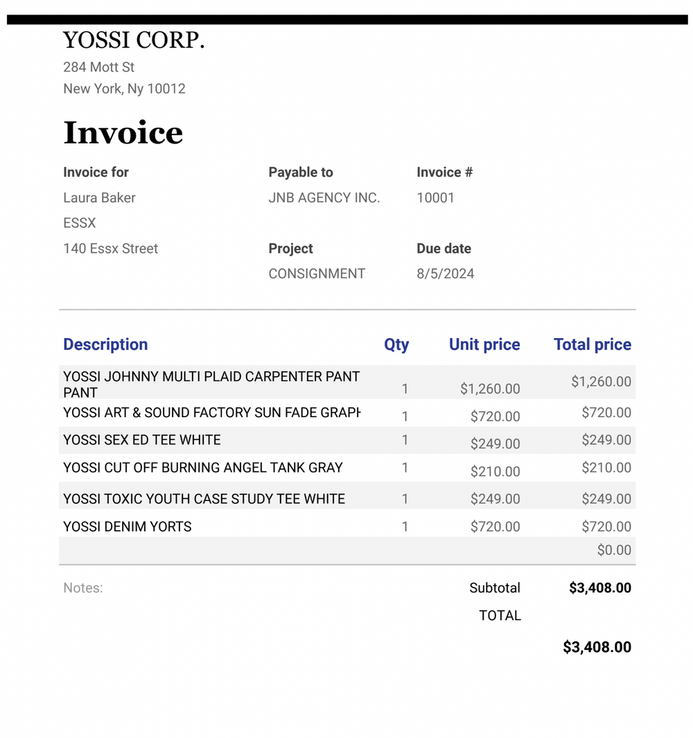 YOSSI CORP CONSIGNMENT